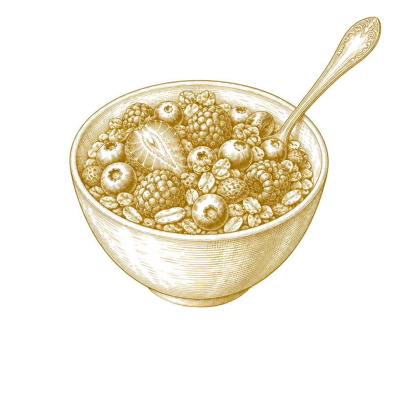 Hand-drawn gold illustration of a bowl of granola with berries