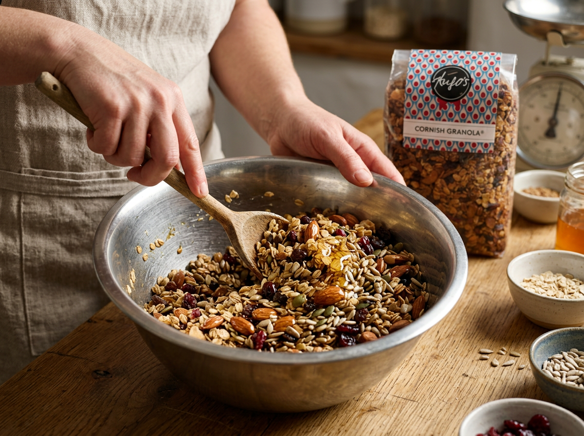 Granola ingredients being mixed by hand in Hugo's small-batch kitchen